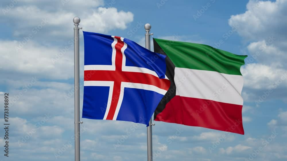 Kuwait and Iceland two flags waving together, looped video, two country cooperation concept Kuwait and Iceland two flags waving together, looped video, two country cooperation concept