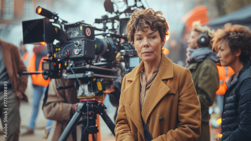 Middle-aged woman directing on film set Middle-aged woman directing on film set