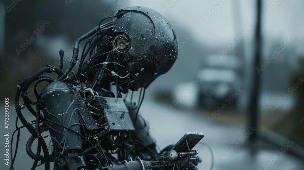 Fototapeta premium A robot using a mobile phone