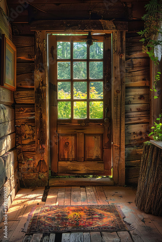 Alte vintage Tür aus Holz mit Glasfenstern photo