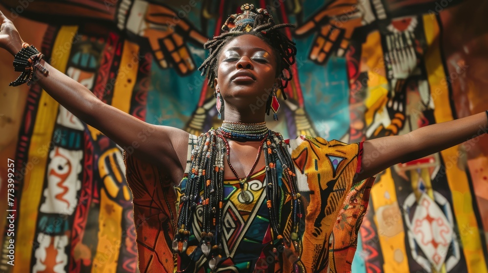 Dynamic pose of a woman with traditional African clothing against a mural.