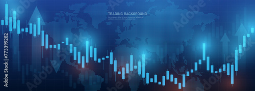 A stock market investment trading chart on a dark background. Blue candles of the stock market. Bullish point, uptrend of the chart. Vector illustration.