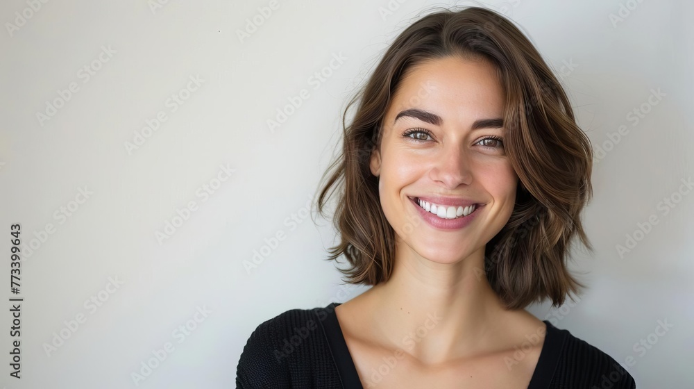 Portrait of a smiling brunette woman isolated on white background, happy human expression photo - obrazy, fototapety, plakaty 