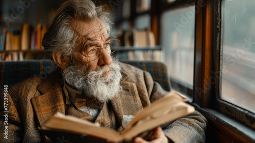 Elderly man reading on train
