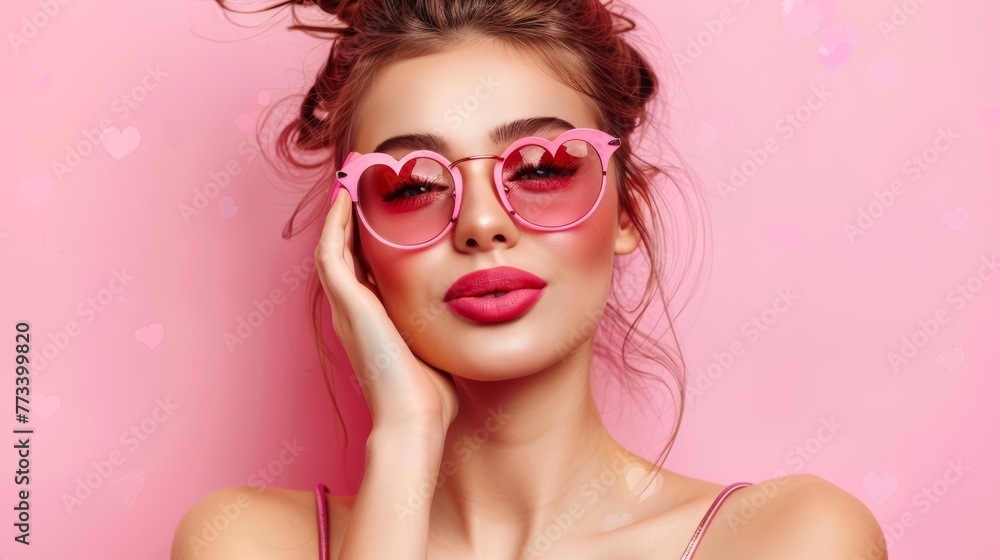 Portrait of woman with pink heart sunglasses on pink background.