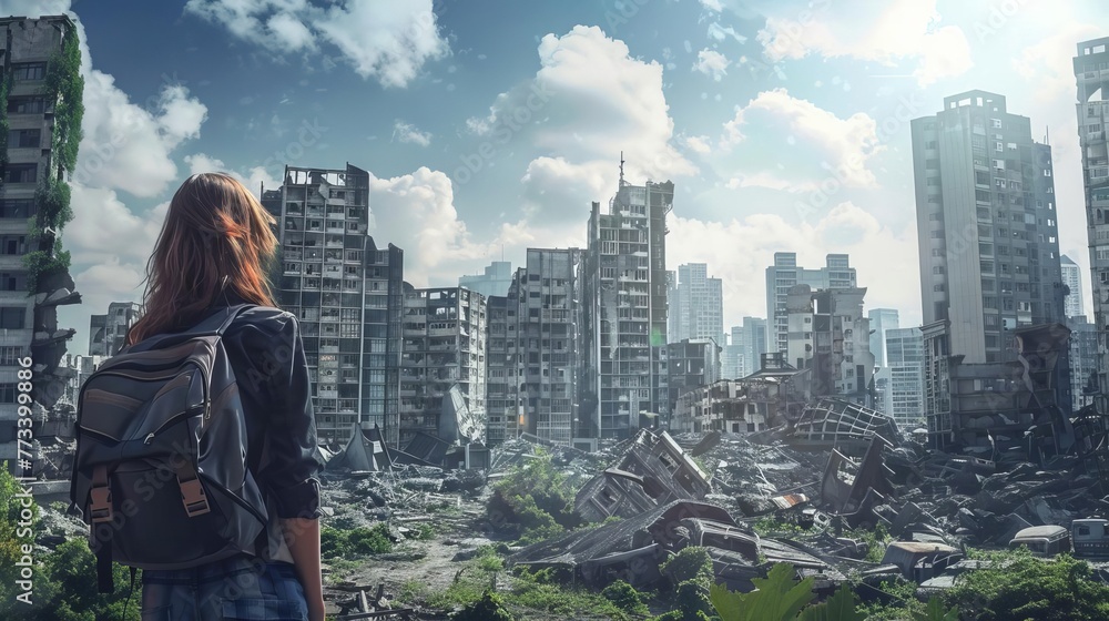 Naklejka premium Post-apocalyptic city ruins with awestruck teenage girl survivor