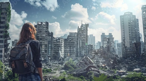 Post-apocalyptic city ruins with awestruck teenage girl survivor