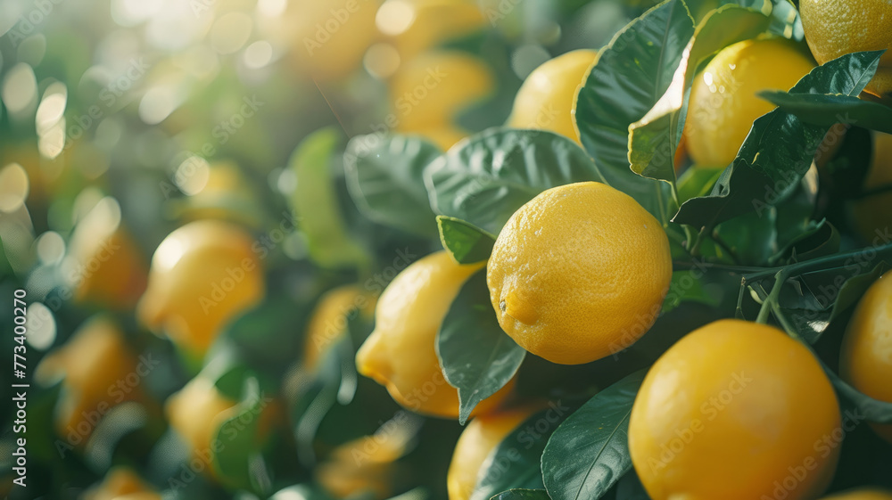 Lemons on a tree with leaves.