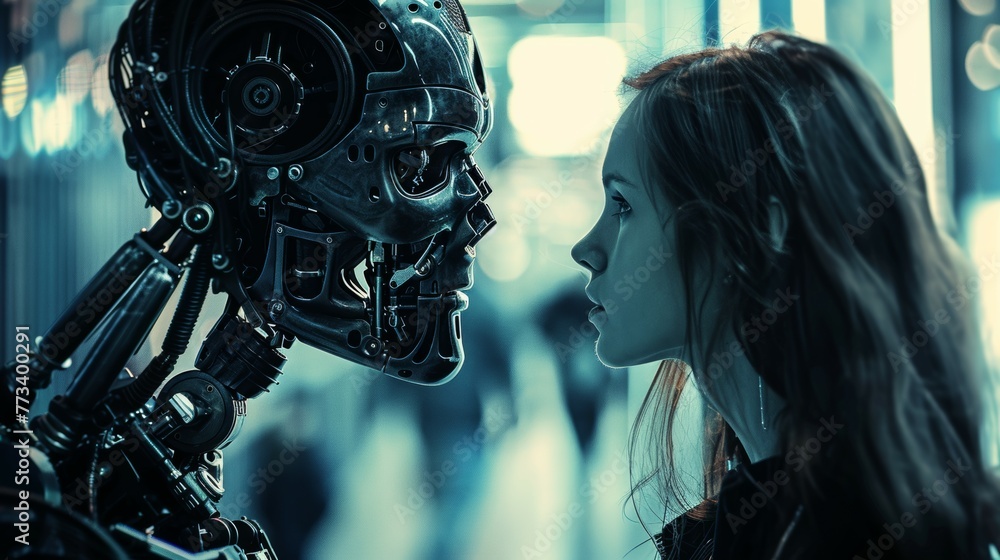 Beautiful woman looking face to face with male robot. The two faces are very close together. The relationship between artificial cyborg and real girl. Close-up portrait of futuristic couple. Beautiful woman looking face to face with male robot. The two faces are very close together. The relationship between artificial cyborg and real girl. Close-up portrait of futuristic couple.