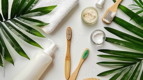 Eco-conscious bathroom essentials with green tropical leaves on a white background. Sustainable toiletries and skincare flat lay photo
