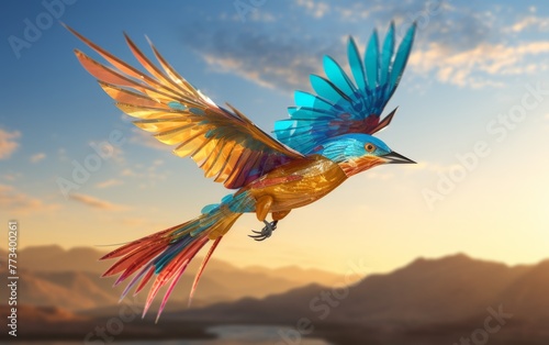 A colorful bird gracefully soars above a shimmering body of water © zainab