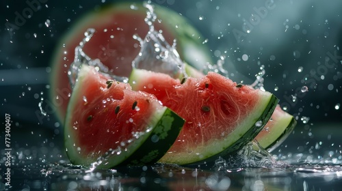 Sliced watermelon with water splashes on a dark background. Macro shot with vivid colors