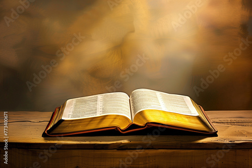 Une bible avec la tranche dorée ouverte par le milieu posée sur une table sous un faisceau de lumière.