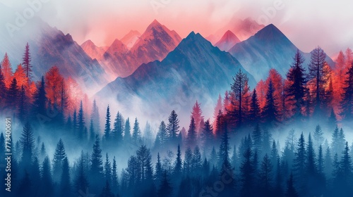 pink sunrise in mountains with forest, trees and blue fog.  photo