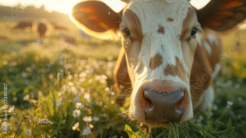 Close-up of a cow in a field at sunset.