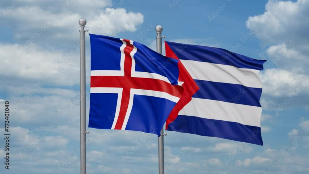 Cuba and Iceland two flags waving together, looped video, two country cooperation concept Cuba and Iceland two flags waving together, looped video, two country cooperation concept