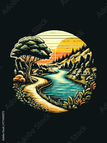 Vibrant sunset over a tranquil mountain lake with pines (ID: 773401075)