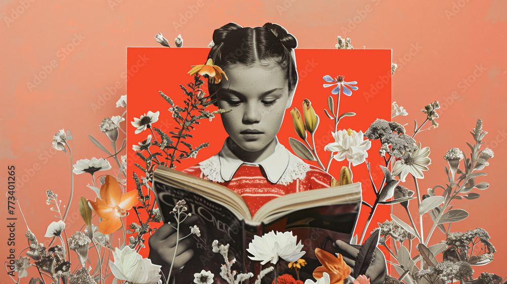 Fototapeta premium A girl surrounded by flowers reads a book. In the style of a retro postcard or poster. Red background.