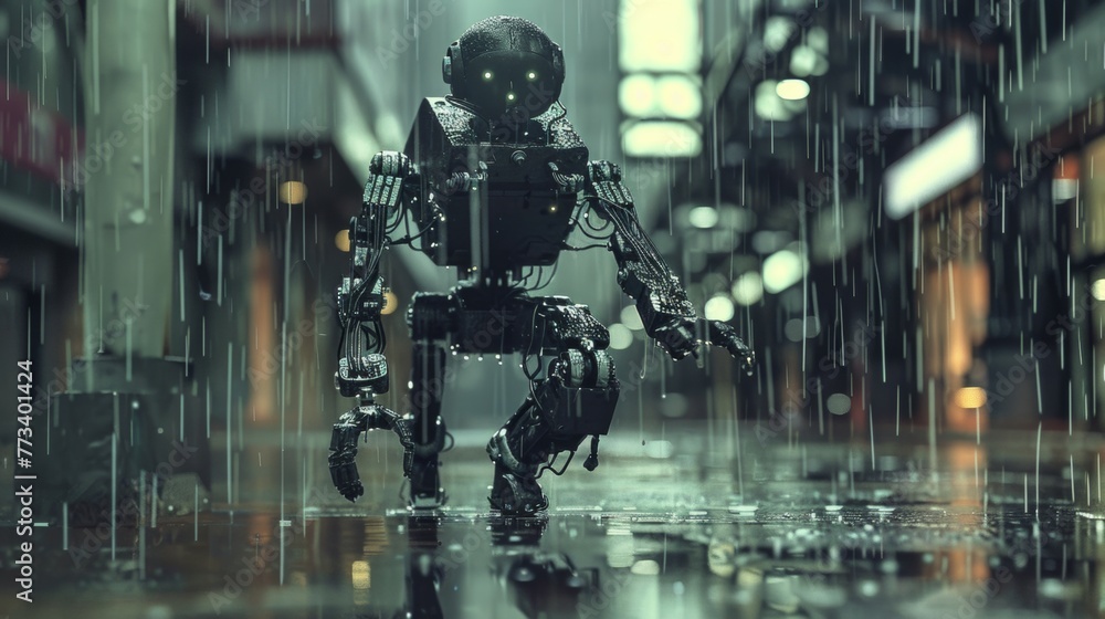 A robot walking alone in rainy weather