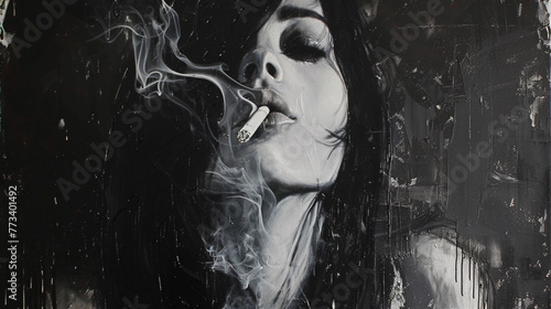 Close-Up of urban woman with Cigarette, Close-Up Portrait of Young Woman, Smoking, abstraction-creation, black and white	