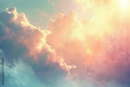 Sunlit Sky with Clouds, Abstract Miraculous Heavenly Background Photo