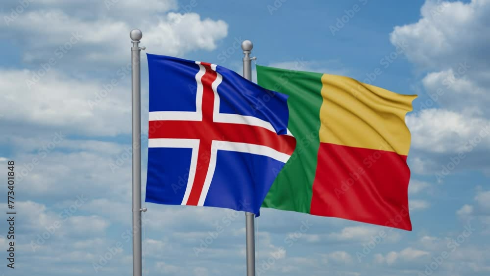 Iceland and Benin two flags waving together, looped video Iceland and Benin two flags waving together, looped video