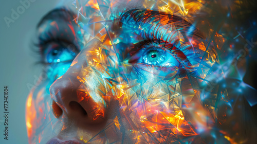 Spiritualist portrait with colourful energy manifesting on a face photo