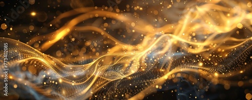 Abstract golden waves on magical black background, Digital Soundwave, Retro Sci-Fi background of the 80 s