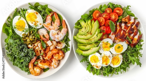 Gourmet salad plates with fresh greens, avocado, eggs, chicken, and shrimp, isolated on white for menu design, healthy food photography