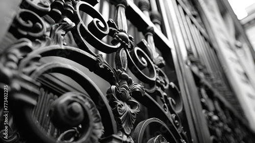 Ornate iron gate in black and white photo