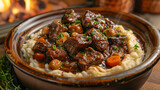 Beef stew over mashed potatoes on table