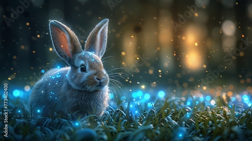 An Easter bunny with decorated Easter eggs on the grass. Futuristic technology concept in dark and blue light. Modern illustration.