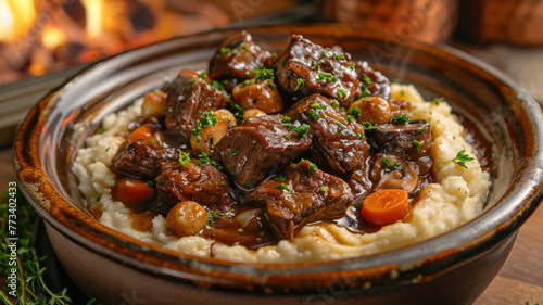Beef stew over mashed potatoes on table photo