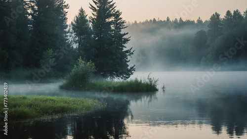A misty morning scene, with fog hanging low over a tranquil lake, creating an ethereal atmosphere. © Владлена Демидова
