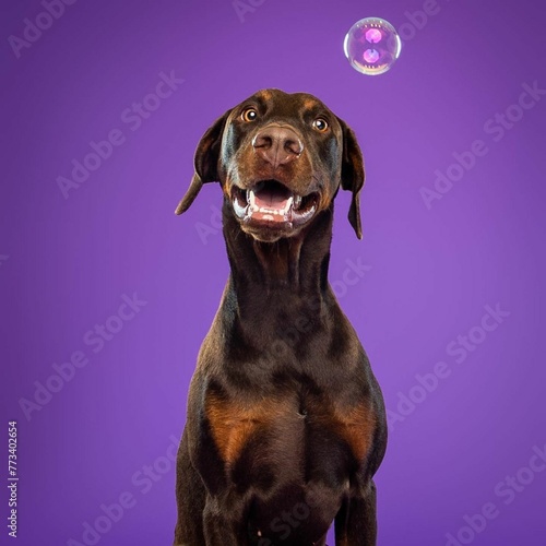  Beautiful doberman dog isolated on Purple background. looking at camera .front view.dog studio portrait.happy dog .dog isolated .puppy isolated .puppy closeup face,indoors.cute puppy isolated .