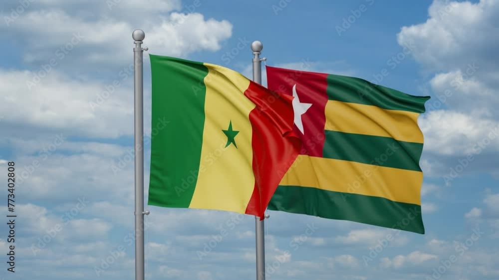 Togo, Togolese Republic and Senegal two flags waving together, looped video, two country cooperation concept Togo, Togolese Republic and Senegal two flags waving together, looped video, two country cooperation concept