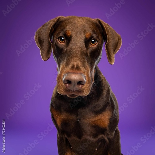  Beautiful doberman dog isolated on Purple background. looking at camera .front view.dog studio portrait.happy dog .dog isolated .puppy isolated .puppy closeup face,indoors.cute puppy isolated . © mamo studios