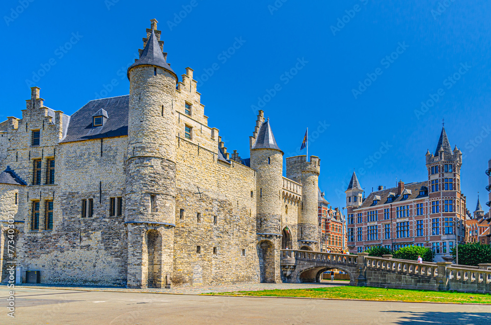 Het Steen medieval fortress, stone castle with towers in Antwerp city historical centre, Antwerpen old town, Flemish Region, Belgium
