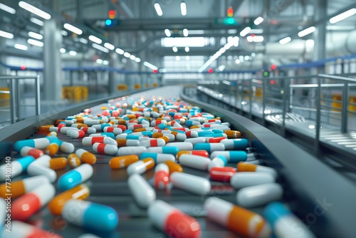 State-of-the-art pharmaceutical industry factory interior with pills on conveyor belt - Industrial 3D illustration
