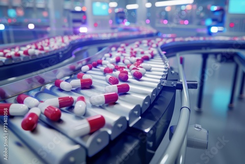 State-of-the-art pharmaceutical industry factory interior with pills on conveyor belt - Industrial 3D illustration