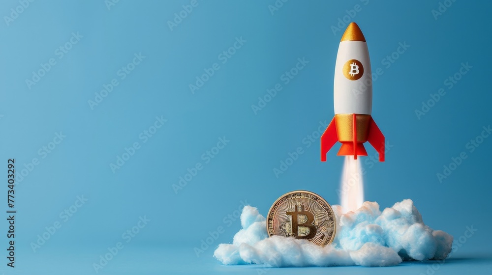Rocket and bitcoin coins on blue background, bitcoin bull market concept Rocket and bitcoin coins on blue background, bitcoin bull market concept