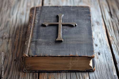 Holy Bible on a wooden table with dark cover a cross on it AI Generative