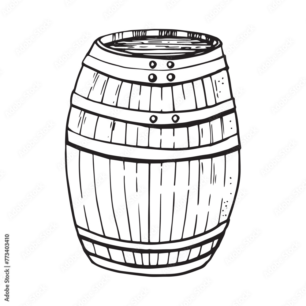 Vector hand drawing wood barrel or cask with beer, vine, alcohol on white background. Line sketch doodle. St patrick's day celebration. Octoberfest. Vector hand drawing wood barrel or cask with beer, vine, alcohol on white background. Line sketch doodle. St patrick's day celebration. Octoberfest.