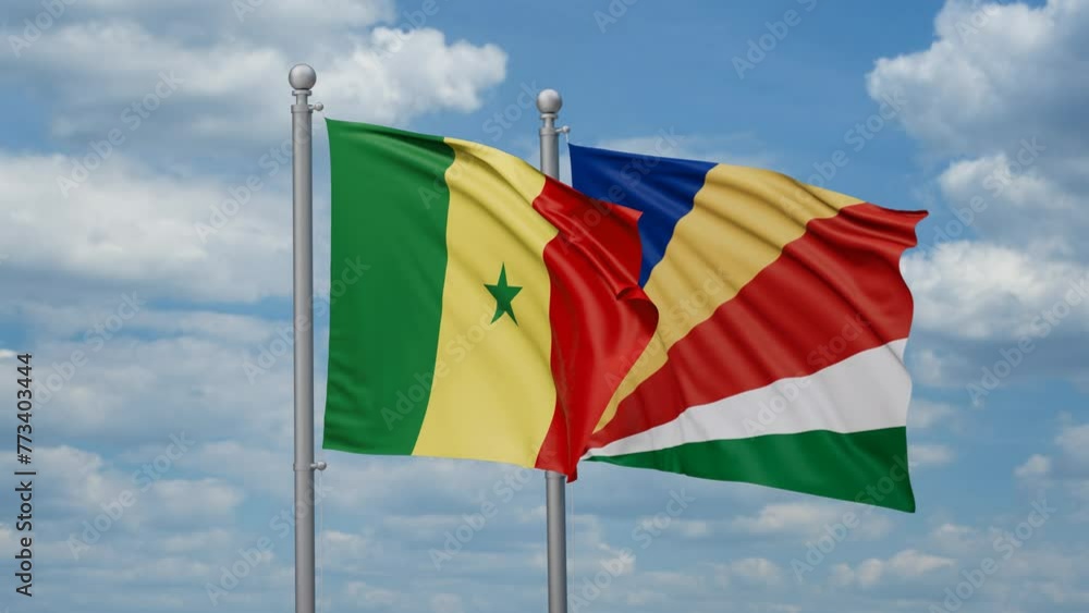 Seychelles and Senegal two flags waving together, looped video, two country cooperation concept Seychelles and Senegal two flags waving together, looped video, two country cooperation concept