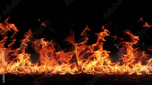Intense fire flames isolated on black background, dynamic cutout element