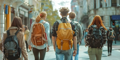 A group of young people with backpacks walking down a street seen from behind. Concept Group of Friends, Backpacking Adventure, Traveling Together, Urban Exploration, Young Explorers © Anastasiia