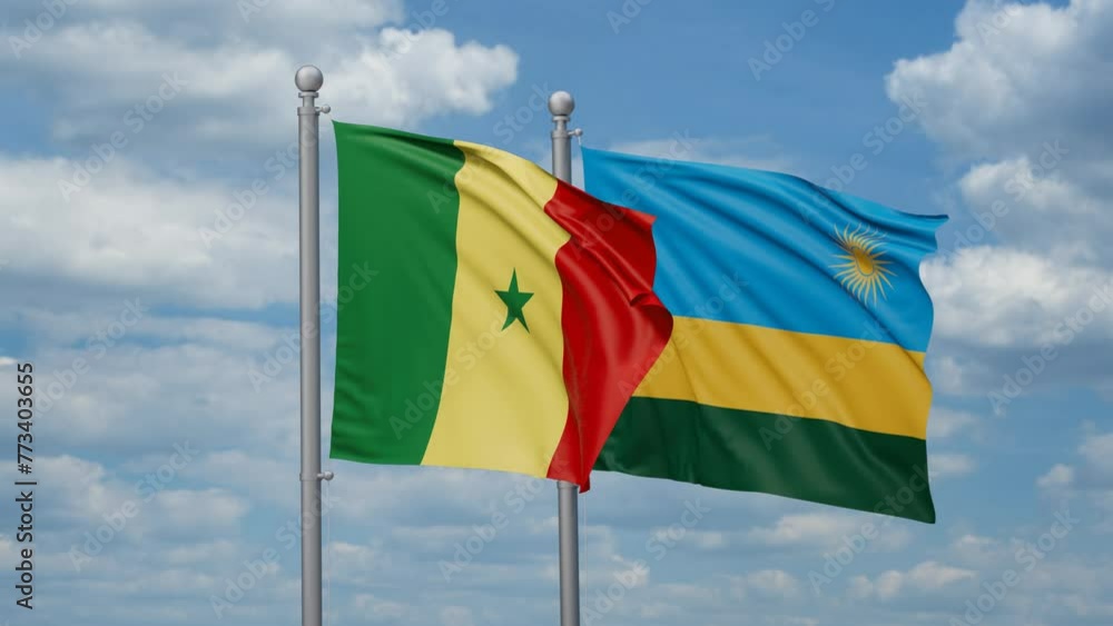 Republic of Rwanda and Senegal two flags waving together, looped video, two country cooperation concept Republic of Rwanda and Senegal two flags waving together, looped video, two country cooperation concept
