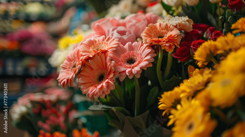 A variety of flowers at a marketplace.