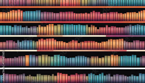 a shelf of books with different colors of rainbows