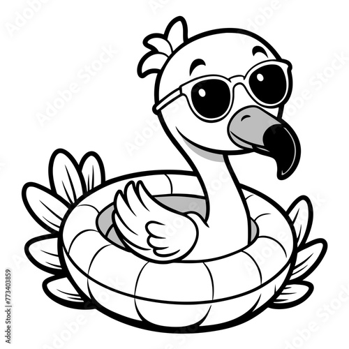 Vector baby flamingo  coloring book page for kids  cute  black and white cartoon baby flamingo wearing sunglass hatching from a rubber ring  white background  